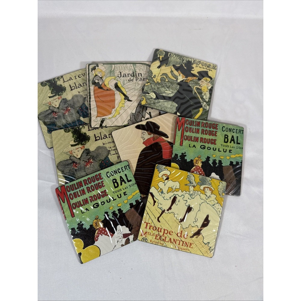 8 French Retro Moulin Rouge Drink Coasters with Stand Toulouse-Lautrec Art